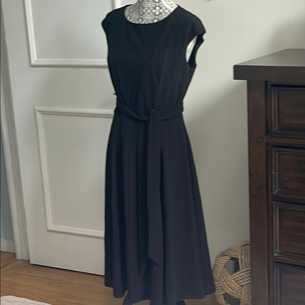 Black A-Line Midi Dress with Cap Sleeves